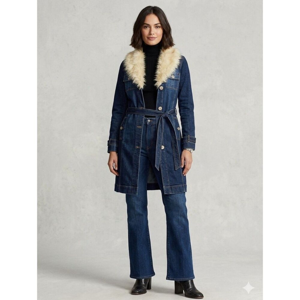 VTG Y2K Tommy Hilfiger Tommy Girl Belted Denim Trench W/ Faux Fur Collar Small